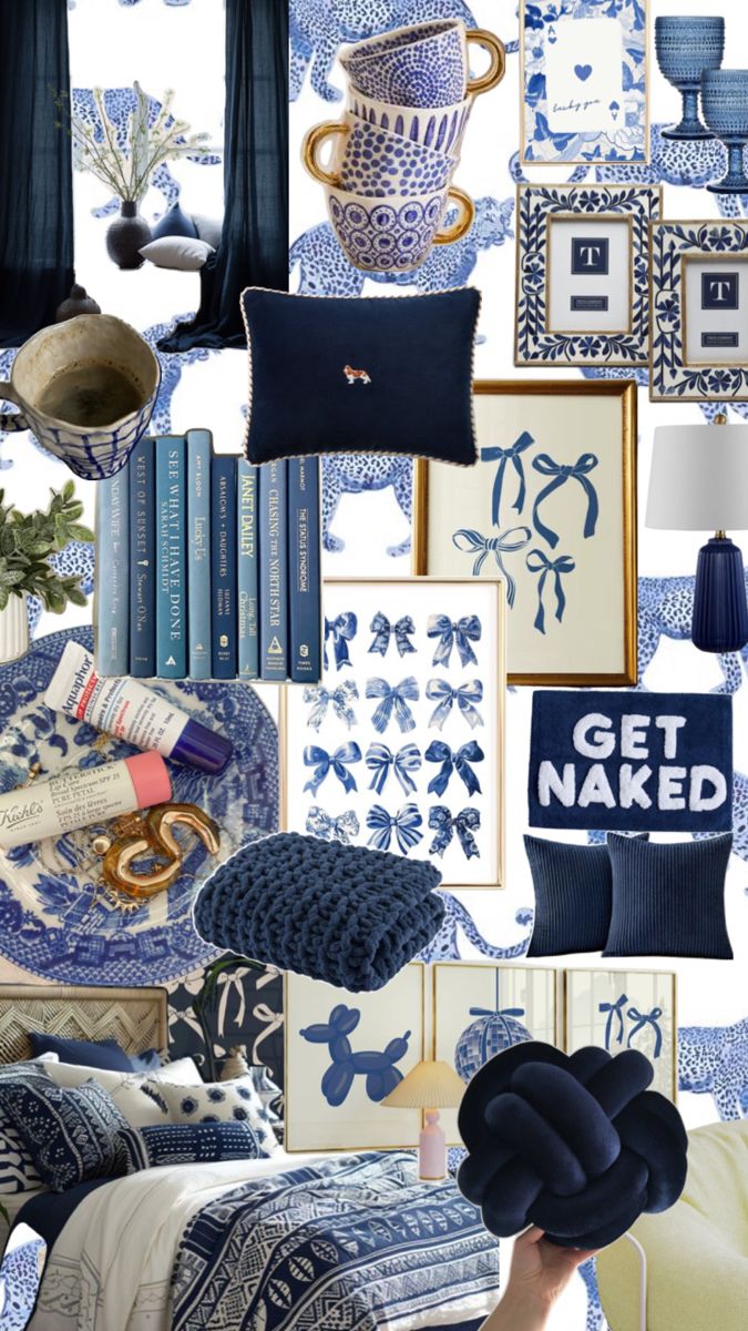 a collage of blue and white items including pillows, vases, books, pictures