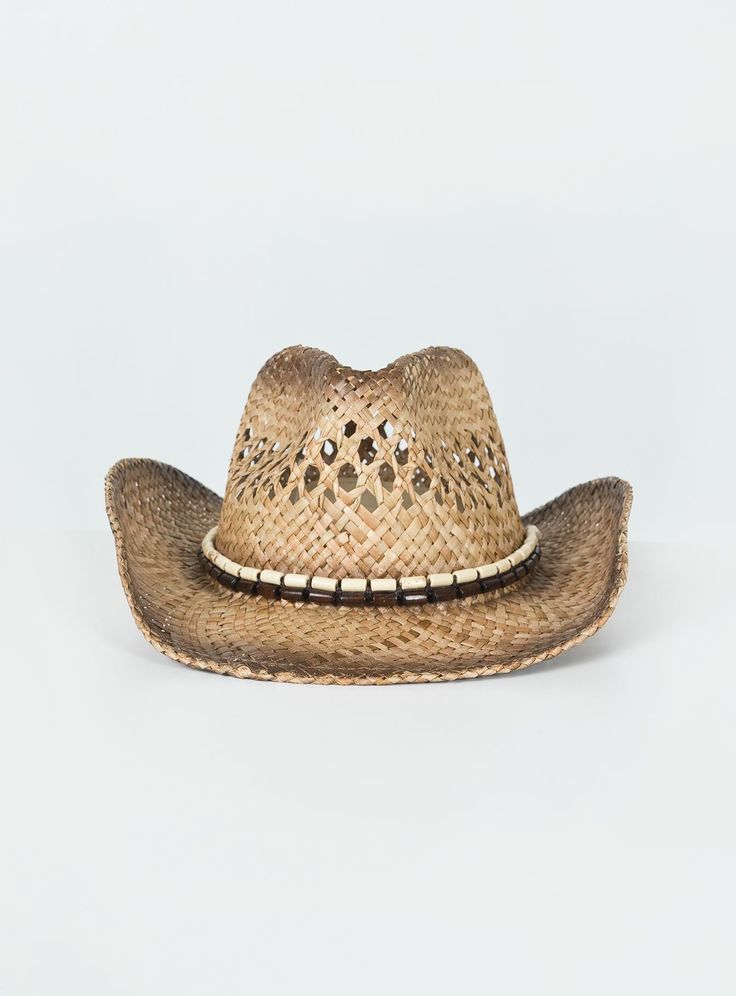 Cowboy hat 100% paper Woven straw Curved wide brim Internal adjustable drawstring Mouldable brim shape Bead detail Woven Cowgirl Hat, Beachy Cowboy Hat, Casual Wide Brim Straw Hat For Western-themed Events, Casual Straw Panama Hat For Western-themed Events, Curved Brim Paper Straw Hat For Rodeo, Rodeo Paper Straw Hat With Curved Brim, Paper Straw Hat With Curved Brim For Rodeo, Casual Toquilla Straw Sun Hat For Western-themed Events, Casual Toquilla Straw Sun Hat For Western Events