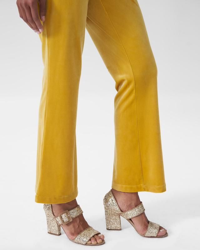 Farrah Velvet Pants - Gold | Universal Standard Velvet Full Length Wide Leg Party Pants, Velvet Wide Leg Full Length Party Pants, Velvet Wide Leg Pants For Party, Elegant Velvet Wide Leg Pants For Party, Trendy Party Flares For Fall, Stretch Velvet Party Pants, Stretch Velvet Pants For Party, Fitted Velvet Pants For Party, Chic Party Flares High-waisted Pants