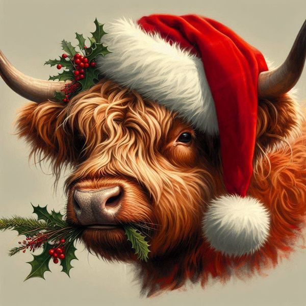 a painting of a yak wearing a santa hat with holly berries on it's horns