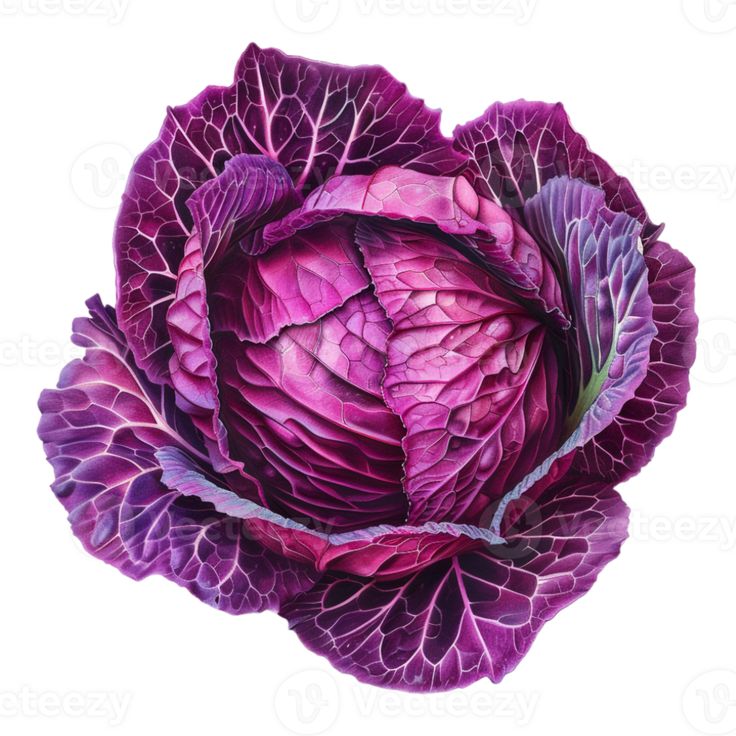 a close up of a purple cabbage on a white background with clippings to the side