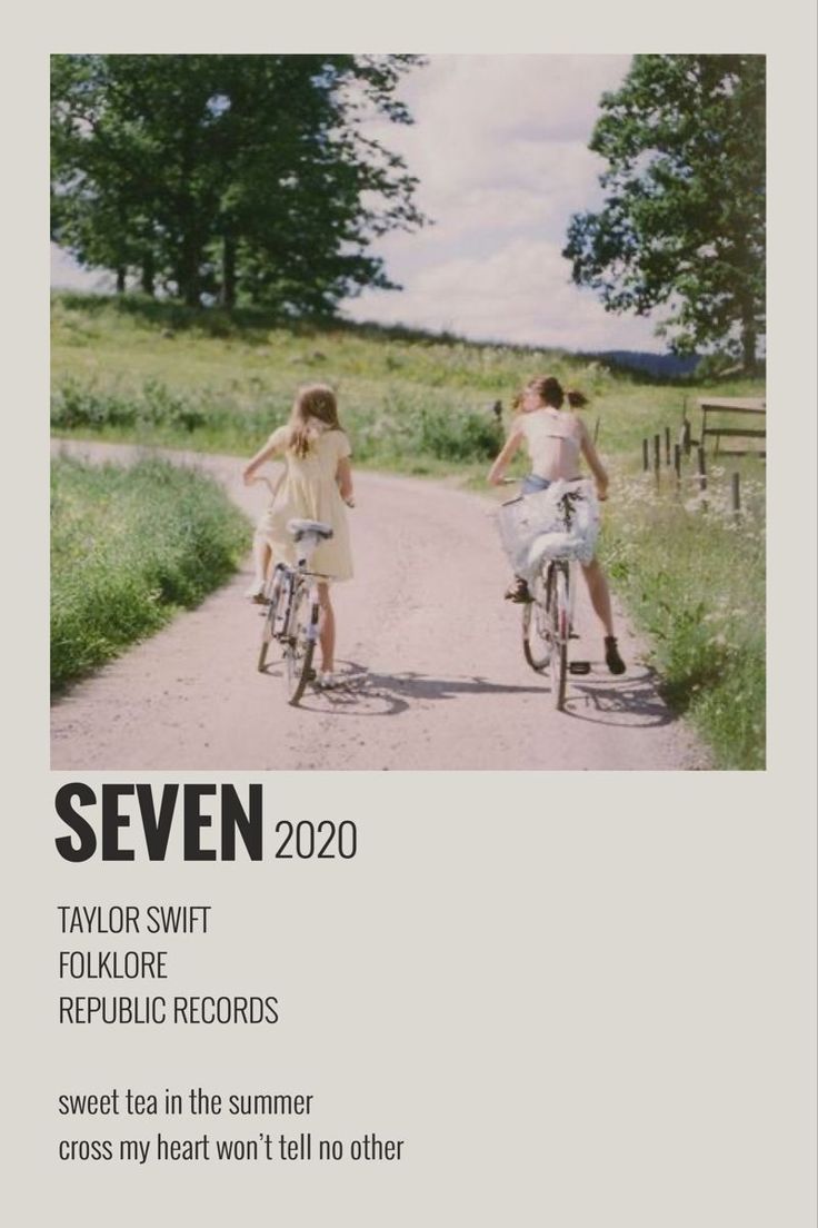 two people riding bikes down a dirt road with trees in the background and text that reads seven