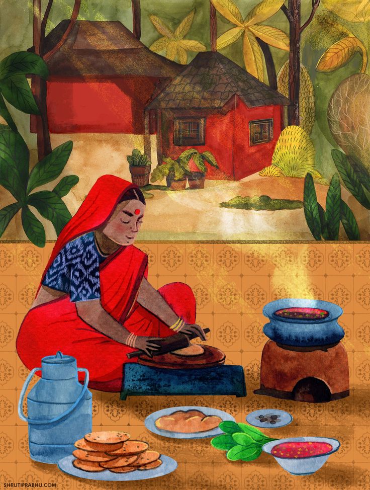 a painting of a woman sitting on the ground in front of some food and water