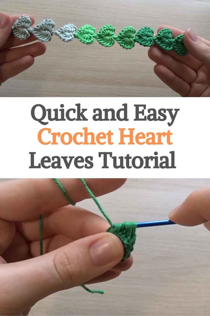 two hands holding yarn and crochet together with the words quick and easy crochet heart leaves