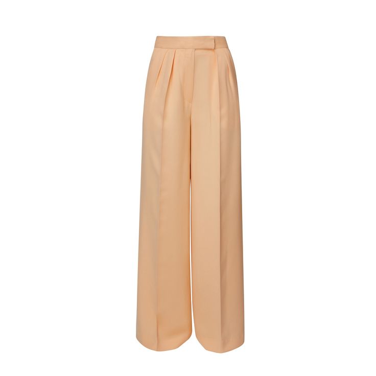 Introducing our Orla Silk Crepe Pants, a statement of luxurious comfort and timeless style. Tailored from coral silk crepe with a wide-leg cut, they feature expertly placed darts that contour the waist and flatter the silhouette. The pressed crease detail offers a touch of refinement, elevating the overall look with understated polish. A concealed zipper and hook fastening in the front ensures a seamless finish, while the inclusion of pockets adds a practical yet chic element to the ensemble.  Match: Complete the ensemble with the Orla Silk Crepe Vest.  Each Il Volo item is designed with utmost care and produced in limited series, ensuring the highest standard of craftsmanship. 100% Italian Double Silk Satin.  Gentle dry clean. Do not wash. Do not use chlorine based bleach. Do not tumble d Luxury Silk Wide Leg Pants, Elegant Orange Pants For Workwear, Elegant Formal Orange Bottoms, Elegant Orange Straight Pants, Formal Orange Pants For Spring, Elegant Orange Wide Leg Pants, Chic Orange Formal Pants, Formal Orange Trousers, Chic Formal Orange Pants