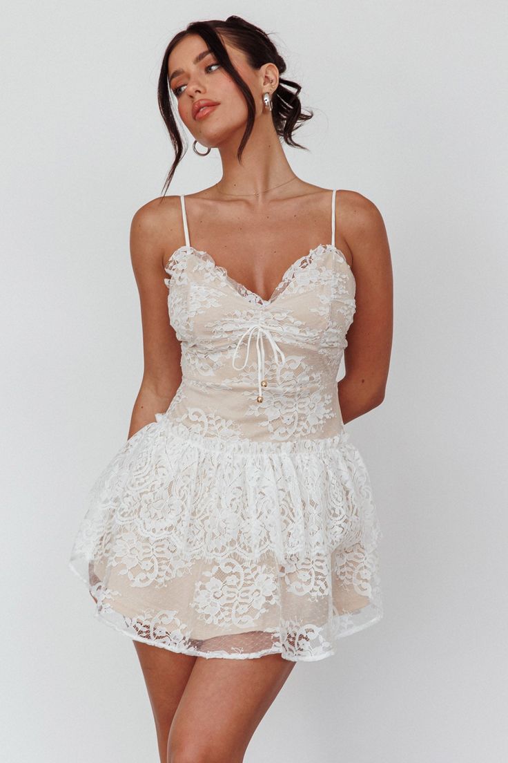 Cielo Lace Peplum Mini Dress White by Selfie Leslie White Lace Mini Dress, Selfie Leslie, Mini Dress White, Lace Peplum, Pearl And Lace, White Heels, Iron Material, Dress Boho, Lace Mini Dress