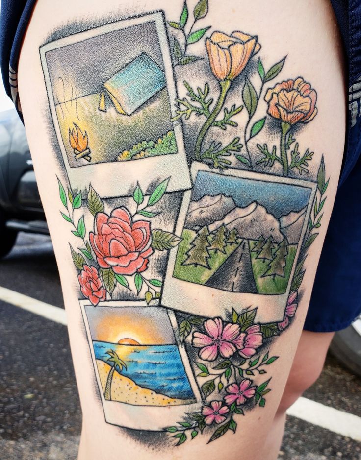 a woman's thigh with pictures and flowers on it