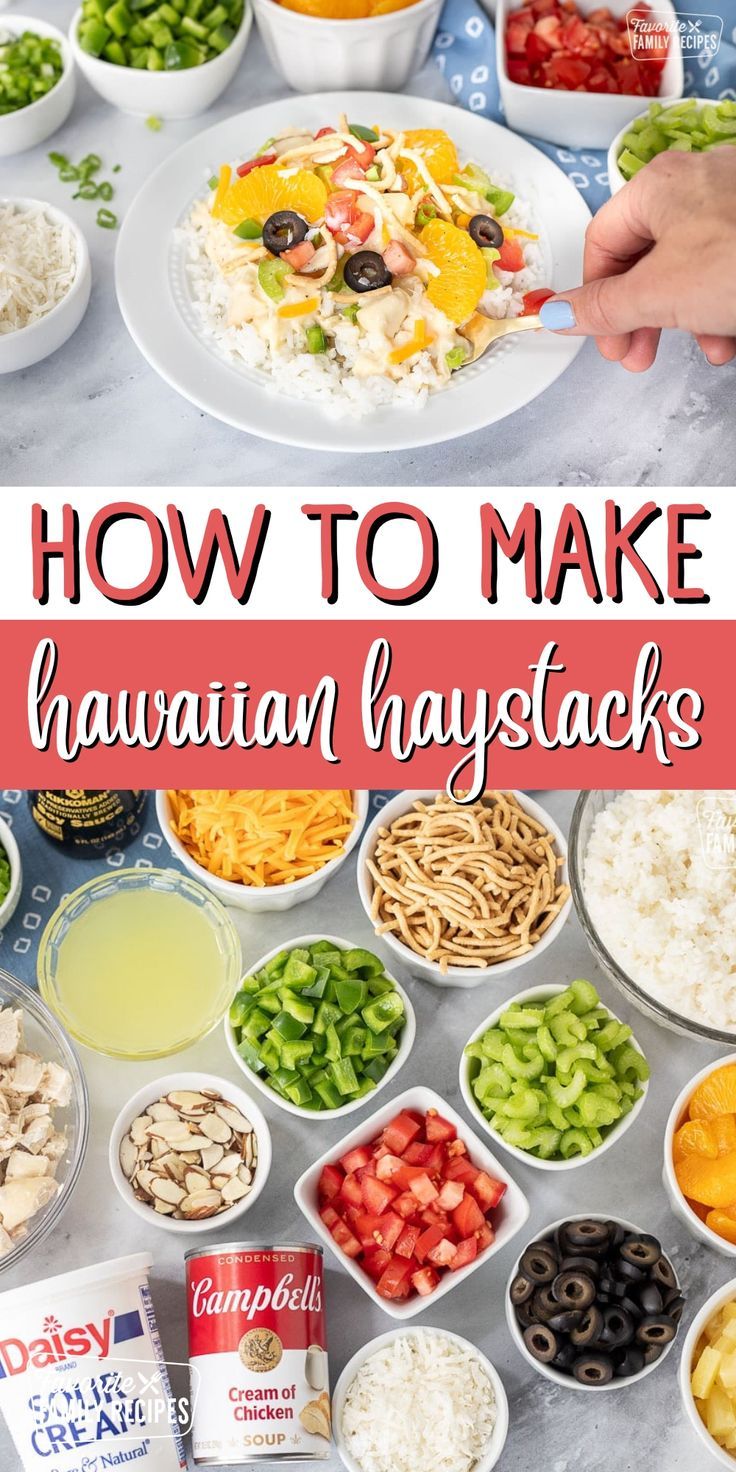 how to make hawaiian haystacks in bowls and on plates with the title overlay