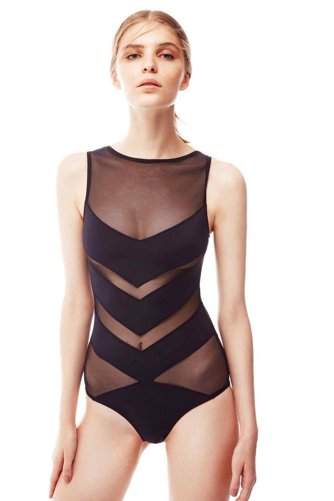 Shaw Modern Summer Bodysuit, Elegant Summer Mesh Bodysuit, High Neck Swimwear For Summer Beach, High Neck Beach Swimwear For Summer, Elegant Summer Nylon Bodysuit, Modern Sleeveless Swimwear For Summer, Chic Summer Bodysuit With Sheer Bodice, Modern Sleeveless Summer Swimwear, Party Swimwear With Mesh Back And Stretch