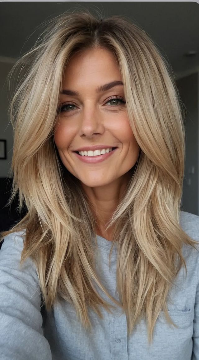 Medium To Long Blonde Hair, Long Length Haircut For Thinner Hair, Thick Blonde Layered Hair, Long Bob With Layers And Face Framing, Round Face Blonde Hairstyles, Side Part Long Bangs Medium Hair, Medium Long Blonde Haircut, Layered Medium Blonde Hair, Side Haircuts Women