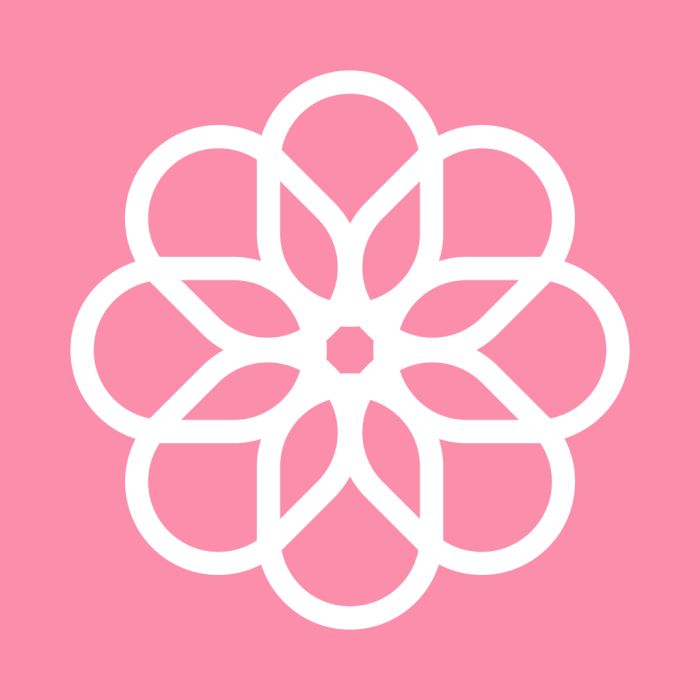 a white flower on a pink background with the word's logo in the center