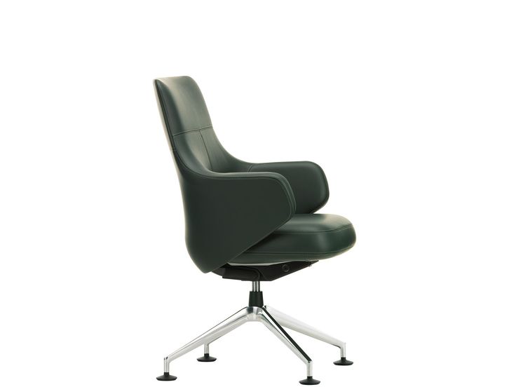 a black office chair with chrome legs and an upholstered armrest, viewed from the front