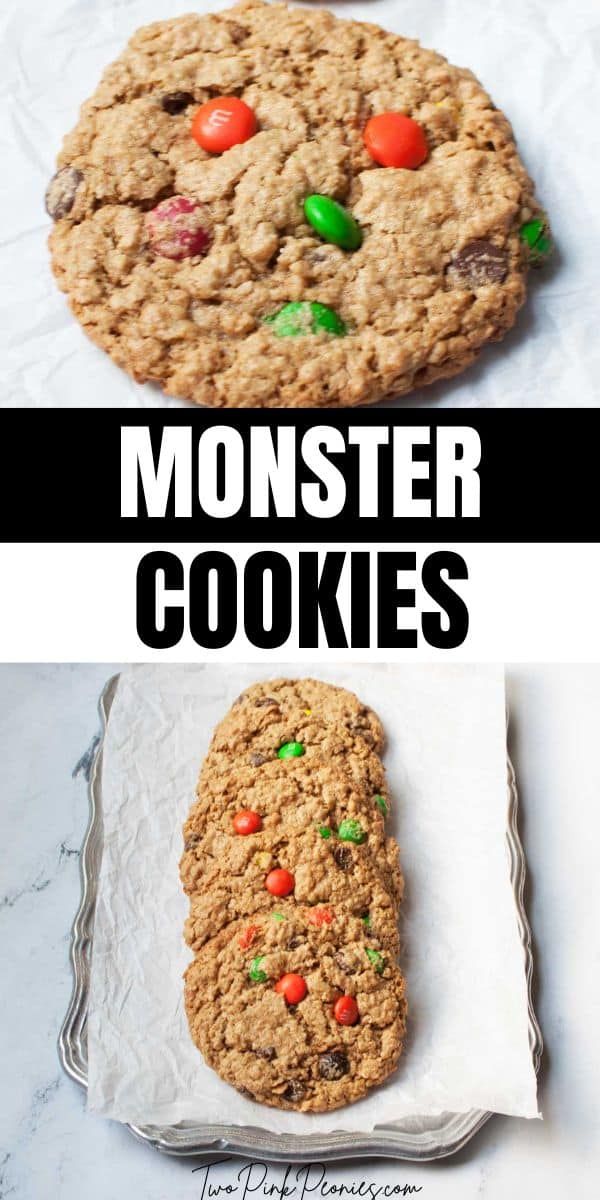 monster cookies with candy on top and the words monster cookies above them in black letters