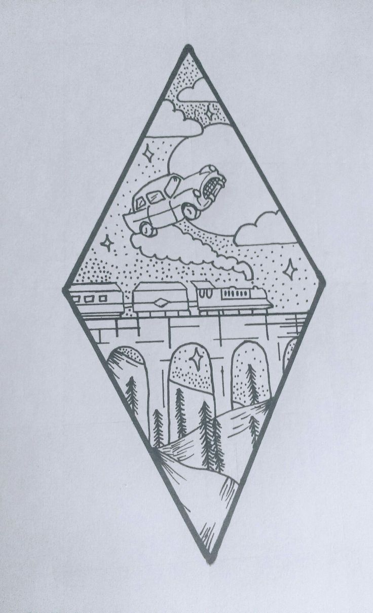 a black and white drawing of a car going over a bridge