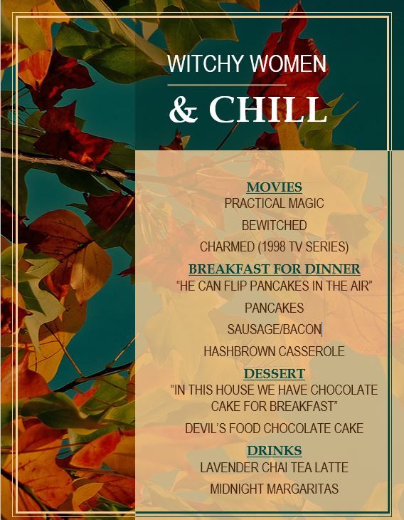 a menu for witch women and chill with autumn leaves on the tree in the background