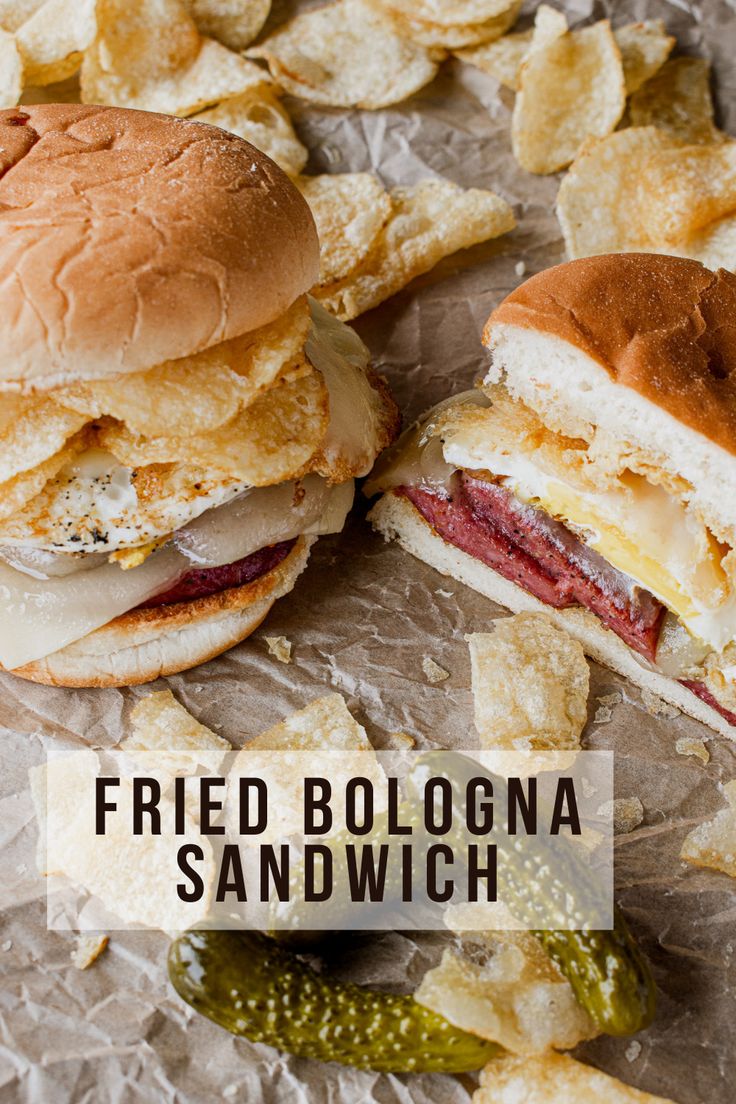 fried bologna sandwich with potato chips and pickle on the side text reads fried bologna sandwich