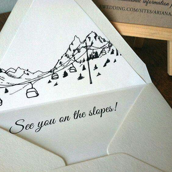 an envelope with a mountain scene drawn on it and the words see you on the slopes