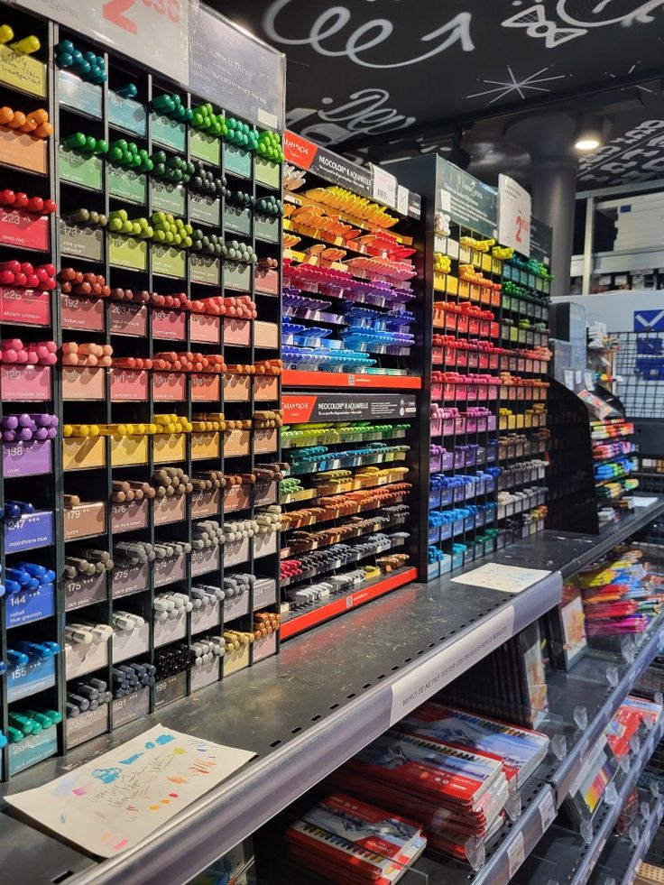 an assortment of different colored items on display in a store