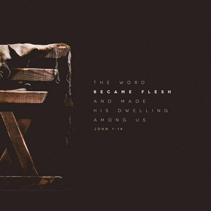 a wooden chair sitting in front of a black background with the words, the word becomes flesh and made his dwelling among us