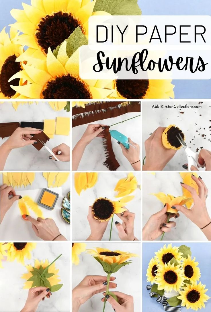 the steps to make sunflowers out of paper are shown in this collage