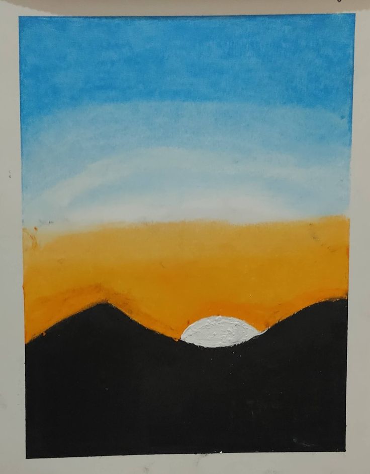 an image of a painting with mountains in the background and sun setting on top of it