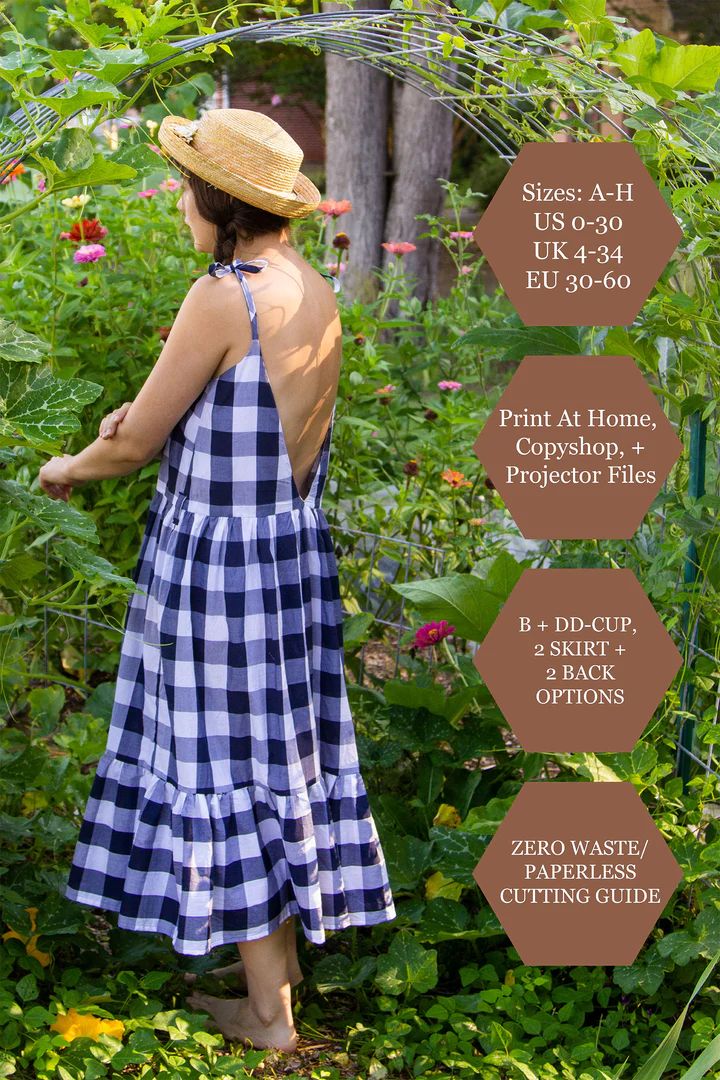 the back of a woman in a blue and white checkered dress looking at flowers