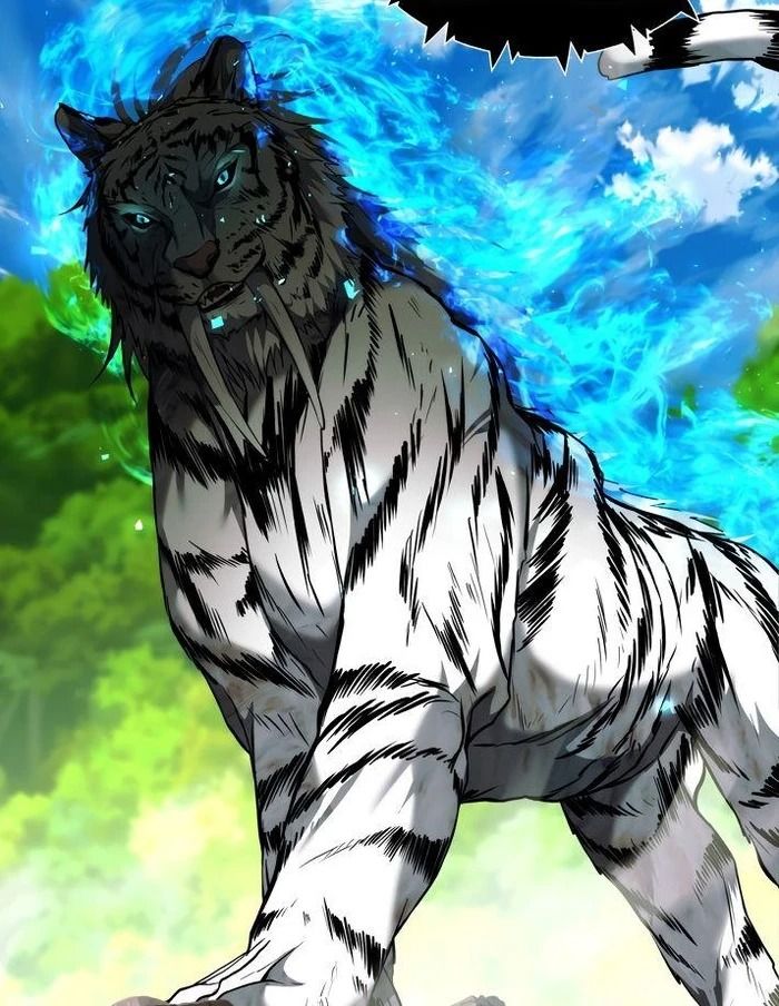 a white tiger with blue eyes standing in front of a green and blue sky background