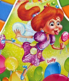 an image of a cartoon character with candy and lollipops in the background