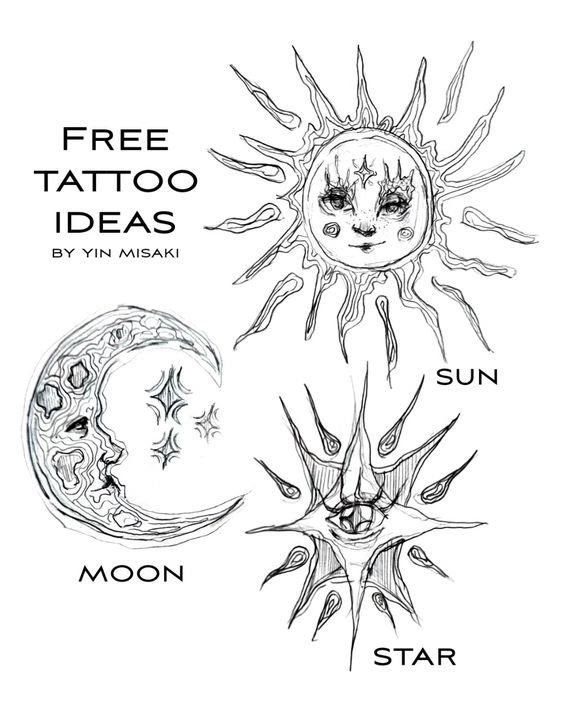 three sun and moon tattoo designs with the words free tattoo ideas by yin miaki