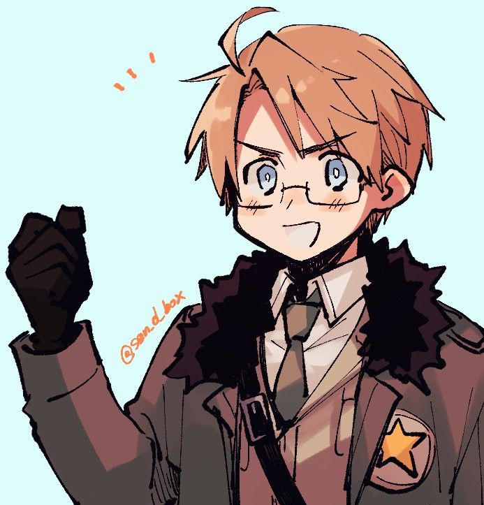 an anime character with glasses and a jacket on holding his hand up in the air