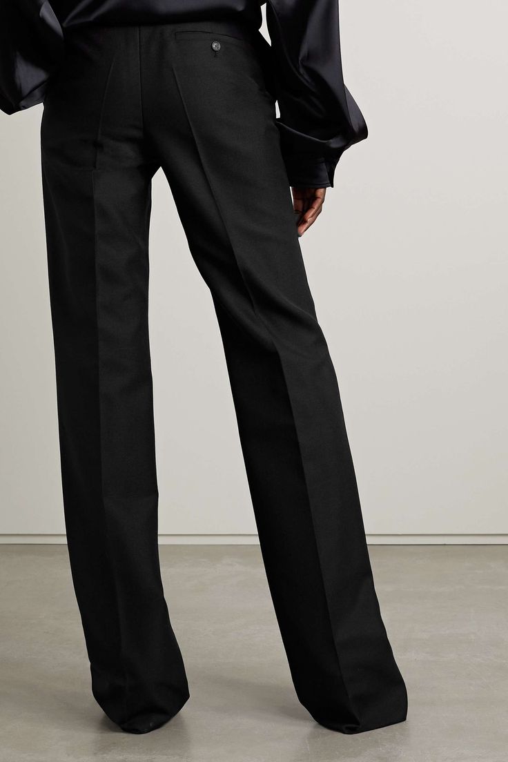 Luxury Black Wide-leg Dress Pants, Wool Dress Pants For Evening, Chic Black Pants With Pressed Crease, Black Wool Bottoms For Evening, Chic Black Wool Bottoms, Chic Black Wool Dress Pants, Chic Wool Bottoms For Evening, Luxury Black Straight Leg Pants, Black Wool Wide-leg Pants