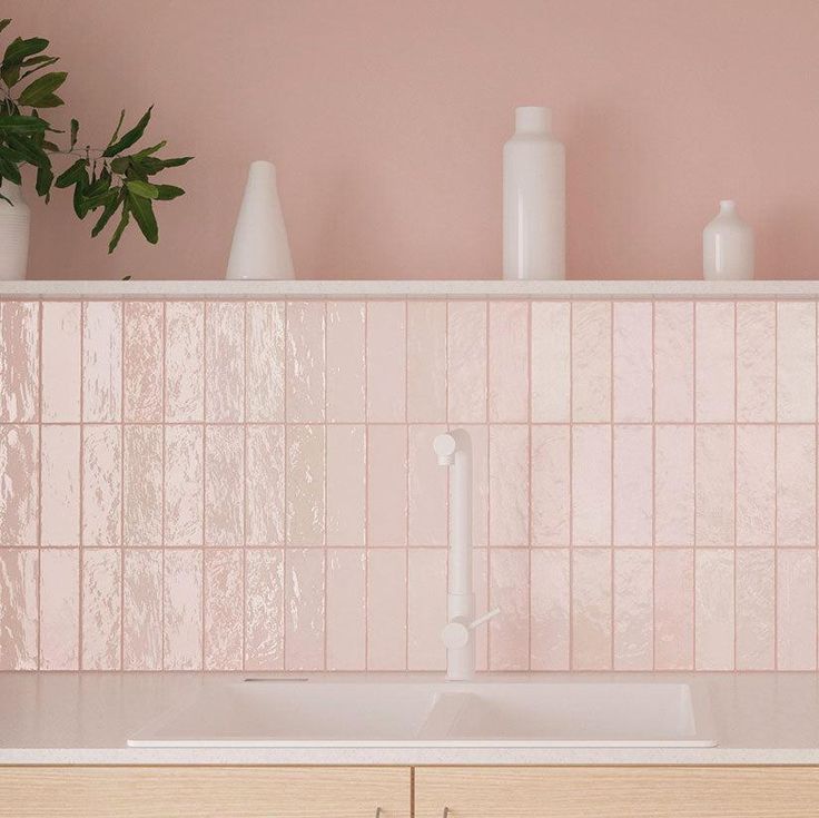 a white sink sitting under a window next to a potted plant on top of a counter