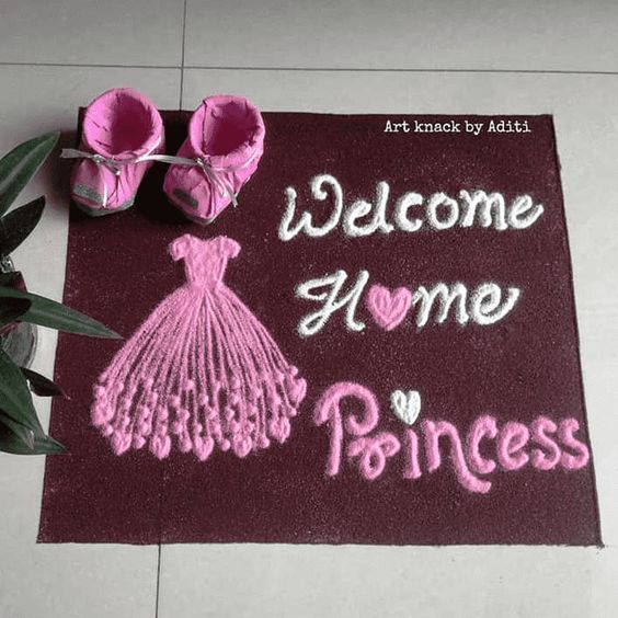 a welcome mat with pink shoes and baby booties on it that says, welcome home princess