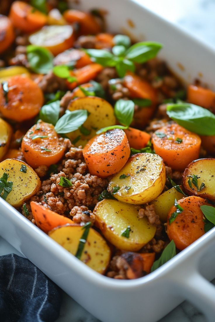 Roasted potatoes and carrots with ground meat and fresh basil in a white baking dish. Lunch Ideas With Turkey, The Best Ground Turkey Recipes, Healthy Eating Ground Turkey, Healthy Meal Prep For The Week Ground Turkey, Group Turkey Recipes Healthy, Dinners Using Ground Turkey, Ground Turkey Sheet Pan Dinner, Ground Turkey Recipes With Sweet Potato, Grown Turkey Recipes