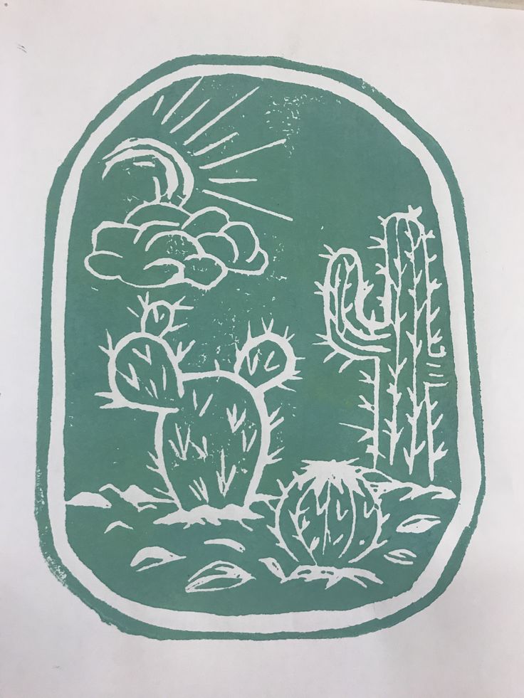 a green and white drawing of a cactus in the desert with sun coming out from behind it