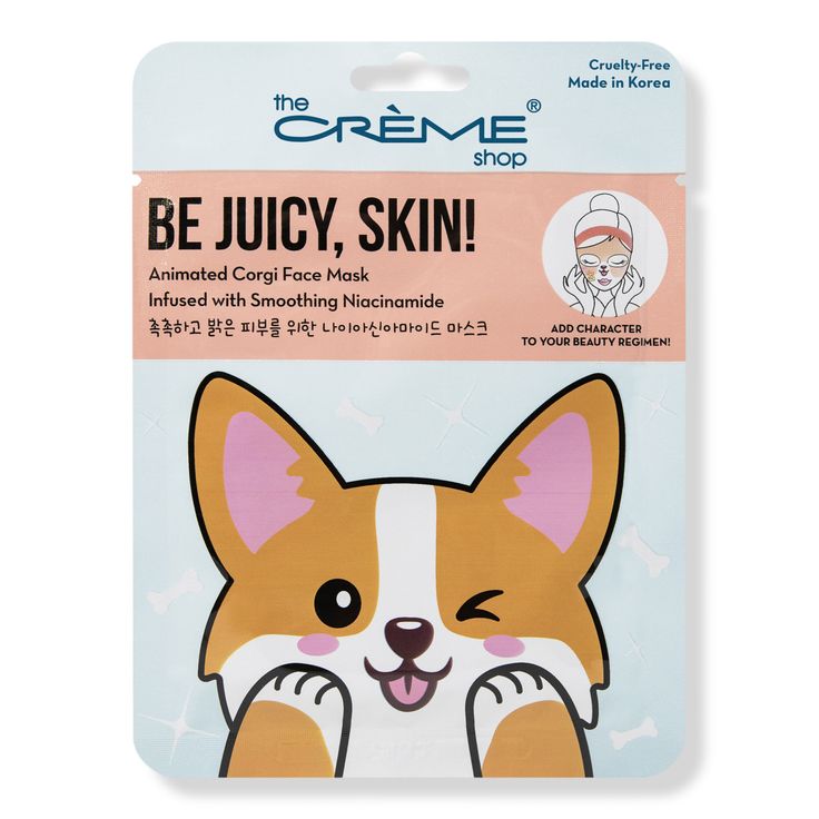 Be Juicy, Skin! Animated Corgi Face Mask -  The Creme Shop Be Juicy, Skin! Animated Corgi Face Mask helps smoothen out your day when life gets a little rough.    Benefits     This Niacinamide infused sheet mask helps reduce the appearance of bumps, blemishes, and hyperpigmentation Fun Fact: Corgis were once used to herd cattle!   - Be Juicy, Skin! Animated Corgi Face Mask Corgi Face, Lemon Face Mask, The Crème Shop, The Creme Shop, Creme Shop, Skin Face Mask, Face Sheet Mask, Face Masks For Kids, Dry Face