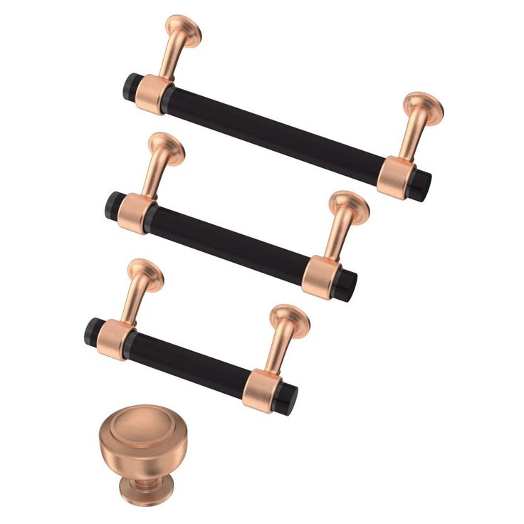 three black and gold door handles with two knobs on each side, one in the middle