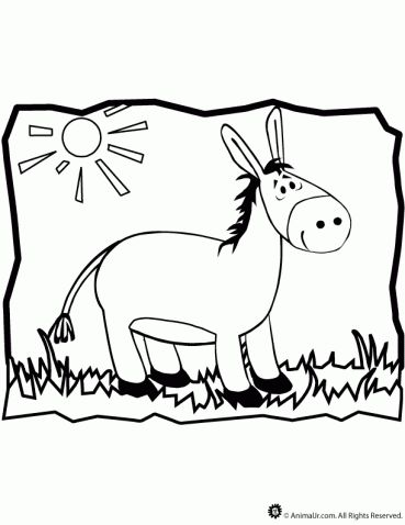 a cartoon donkey standing in the grass with sun shining above it's head and looking at