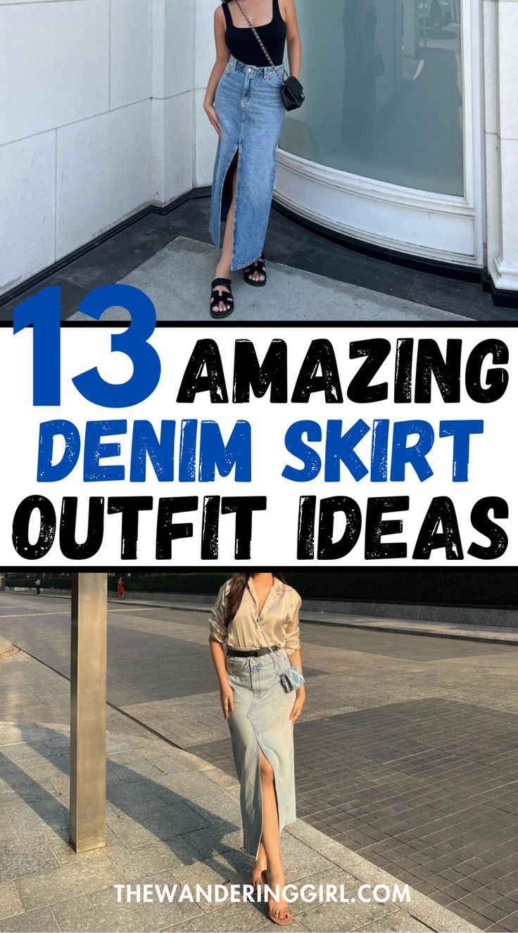 Looking for insanely cute denim skirt outfit ideas? This post shows you all the best long denim skirt outfits and exactly what to wear denim skirt with. This include what shoes to wear with denim skirts, tops to go with denim skirts, and other ways on how to style denim skirts! Jean Skirt Outfits Work, Tops With Denim Skirt, Faded Black Denim Skirt Outfit, Denim Skirt Outfit Fall 2024, Denim Skirt Plaid Shirt, Blue Jean Long Skirt Outfits, What Shoes To Wear With A Long Denim Skirt, How To Dress Up A Denim Skirt, Tops To Wear With Denim Skirts