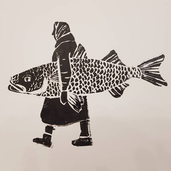 a drawing of a man walking with a fish on his back