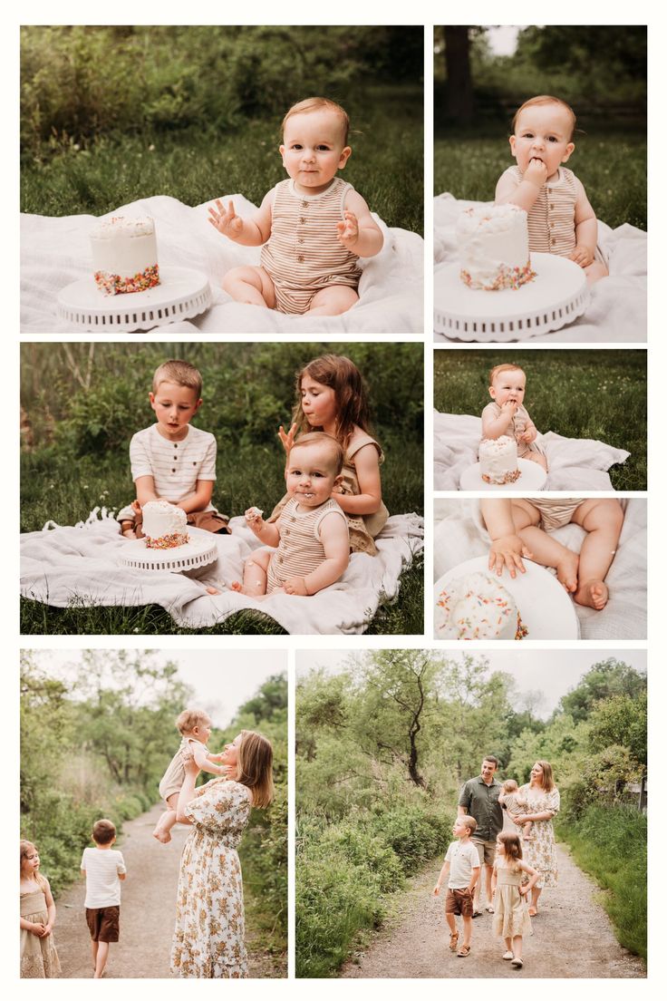 a collage of photos with babys and their parents on a blanket in the woods