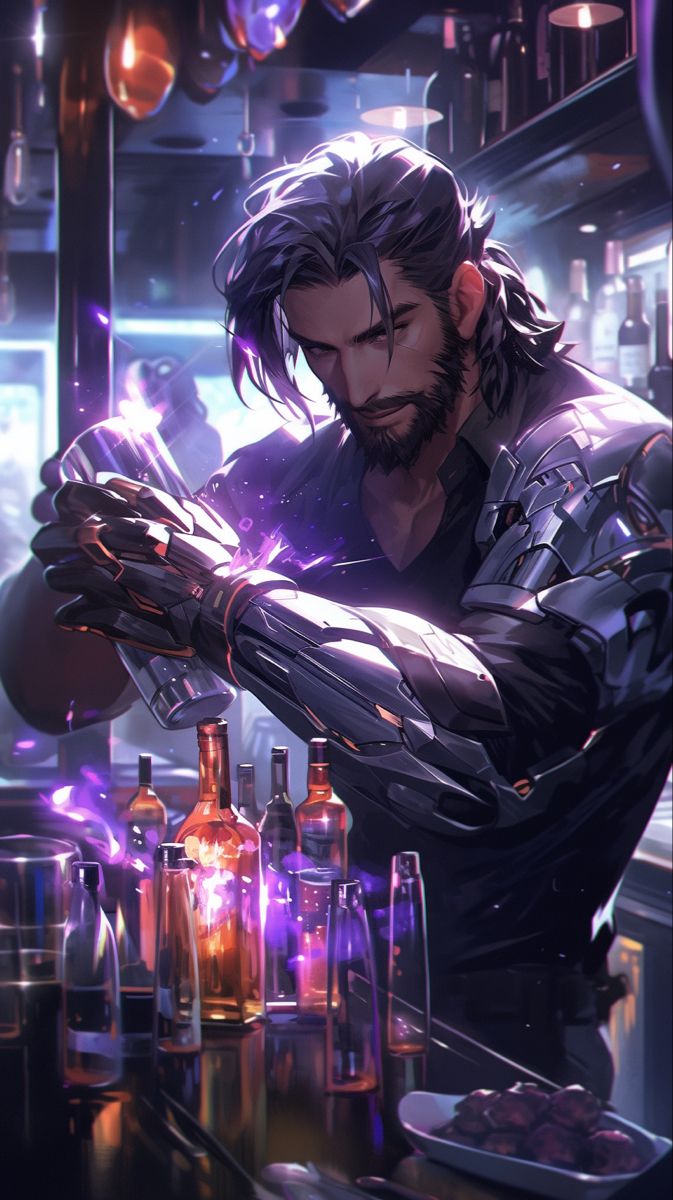 a man with long hair and beard standing in front of bottles filled with liquors