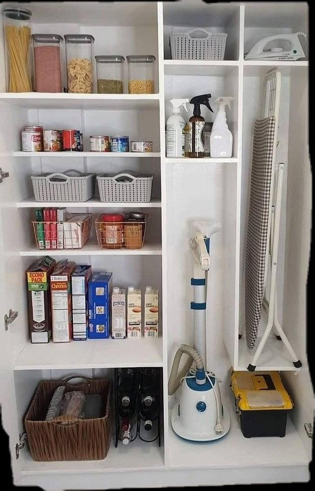 an organized pantry with lots of items on shelves and cleaning products in the bins