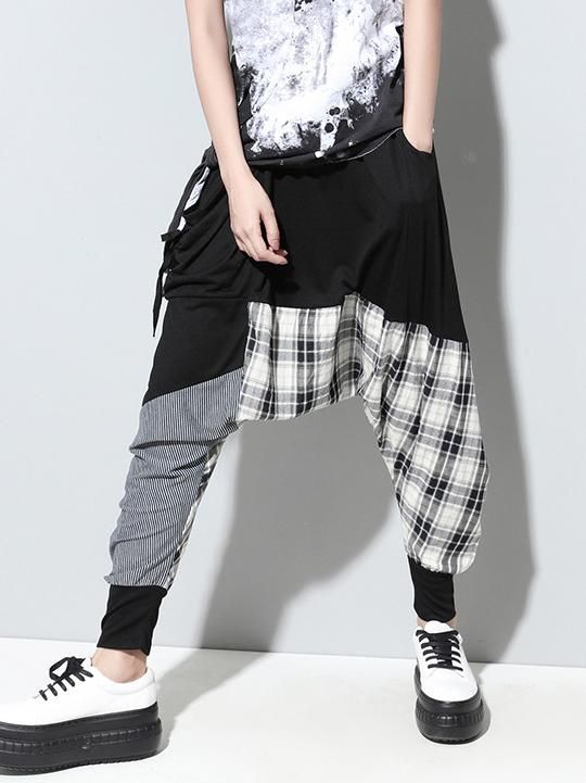 Loose Plaid Split-joint Harem Pants – uoozee Casual Patchwork Trousers, Trendy Baggy Patchwork Pants, Trendy Patchwork Pants, Casual Cotton Pants With Contrast Color, Cotton Bottoms With Contrast Color For Streetwear, Streetwear Cotton Bottoms With Contrast Color, Casual Patchwork Harem Pants, Casual Trousers With Contrast Color, Black Patchwork Bottoms For Summer