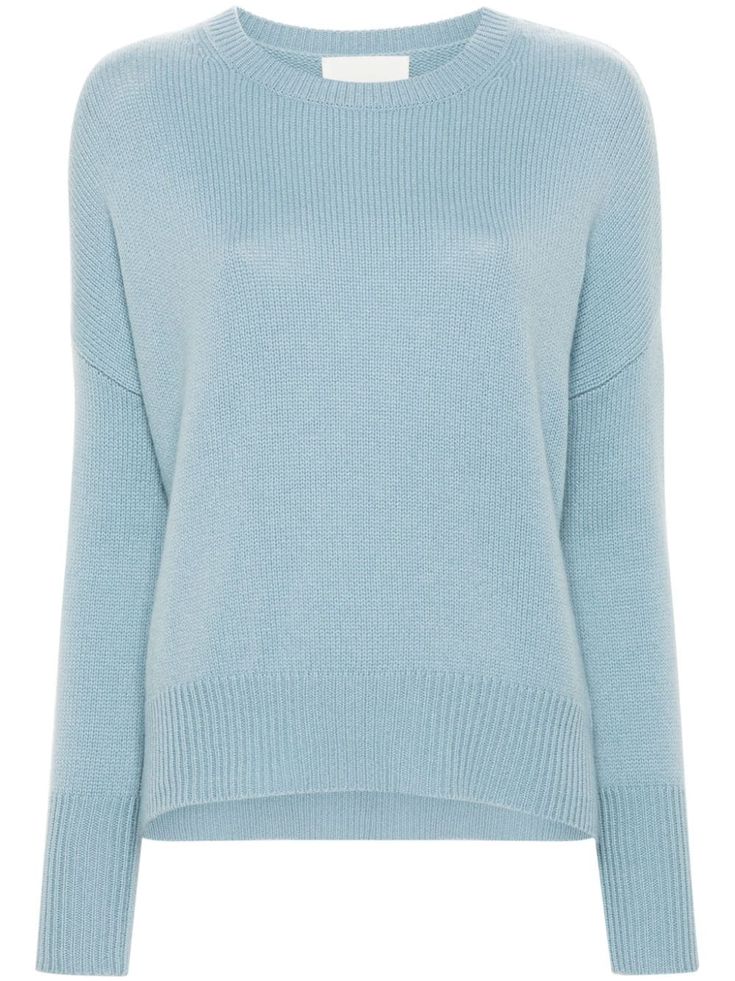 powder blue cashmere ribbed knit crew neck drop shoulder long sleeves unlined high-low hem Blue Cashmere Top With Ribbed Cuffs, Fine Knit Light Blue Fall Sweater, Blue Cashmere Sweater For Spring, Lisa Yang, Yoko London, City Dress, Iconic Bags, Summer Beach Wear, Lady Dior