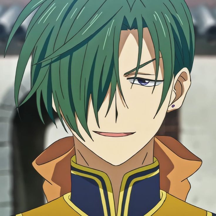 an anime character with green hair and blue eyes