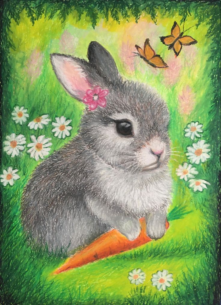 a painting of a rabbit with a flower in its ear and a butterfly flying over it