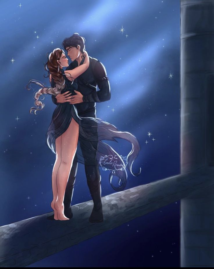 a man and woman are hugging on a ledge in front of the night sky with stars