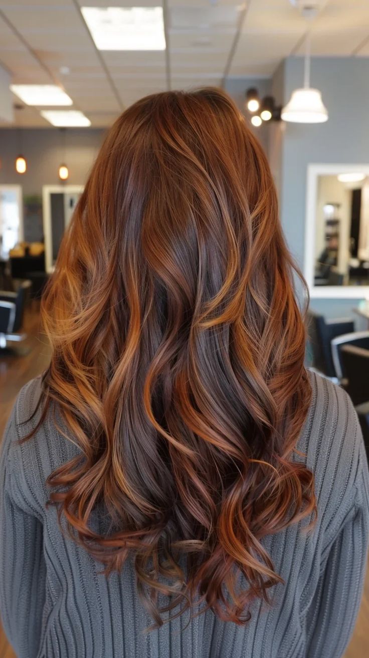 Chestnut Copper Balayage, Full Copper Balayage, Dark Brown Hair With Cinnamon Balayage, Copper Hair Balayage Brunettes, Brown And Copper Balayage, Ginger Highlights In Brown Hair, Copper Bayalage, Copper Hair Balayage, Copper Balayage Hair