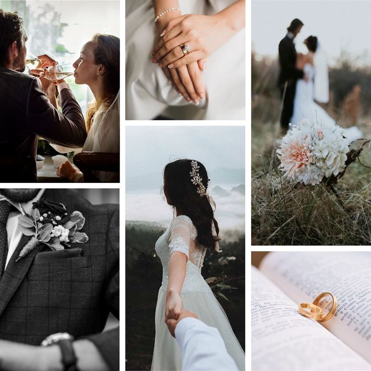 a collage of wedding pictures with bride and grooms holding hands in front of an open book